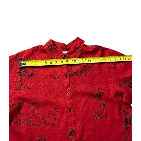 Chico’s red rhino elephant zebra shirt shacket long sleeve size 2 100% linen - Picture 11 of 15